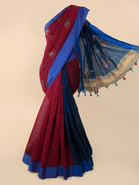 

Pothys Maroon & Blue Cotton Blend Colourblocked Saree