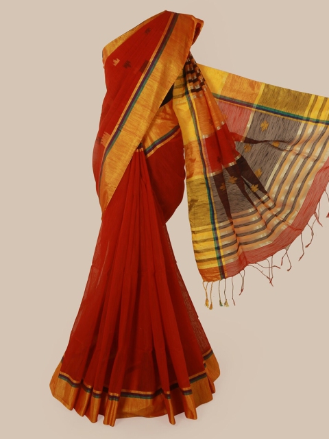 

Pothys Red & Gold-Toned Cotton Blend Solid Saree