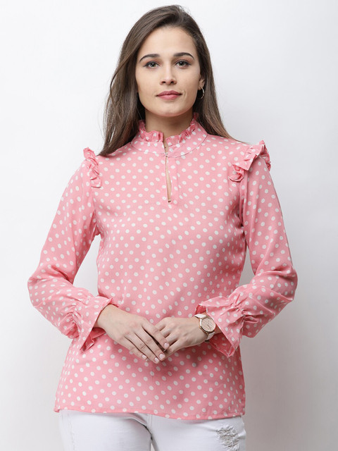 

Cation Pink & White Printed Bell Sleeves Georgette Regular Top