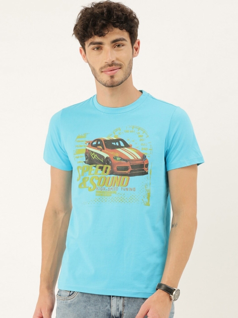 QUANCIOUS Men Blue Printed Round Neck Sustainable Organic Cotton T-shirt