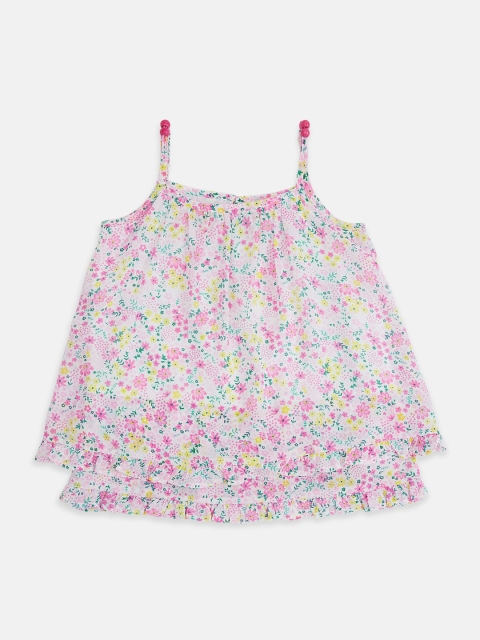

Pantaloons Junior Girls White & Pink Floral Printed Pure Silk A-Line Top