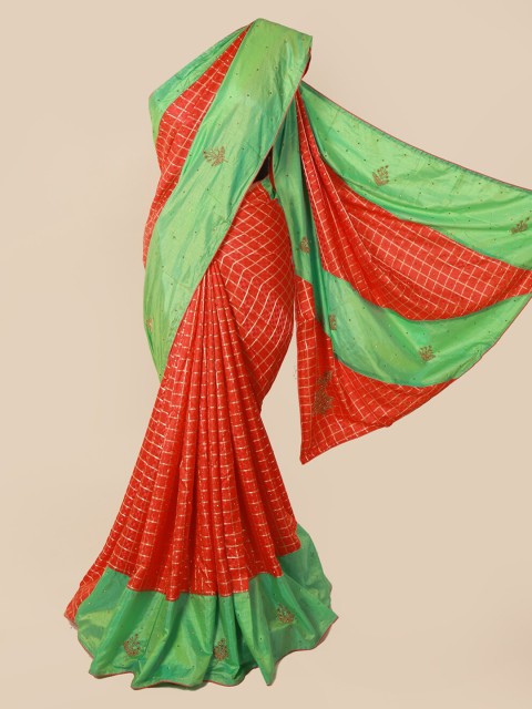 

Pothys Red & Gold-Toned Art Silk Checked Saree