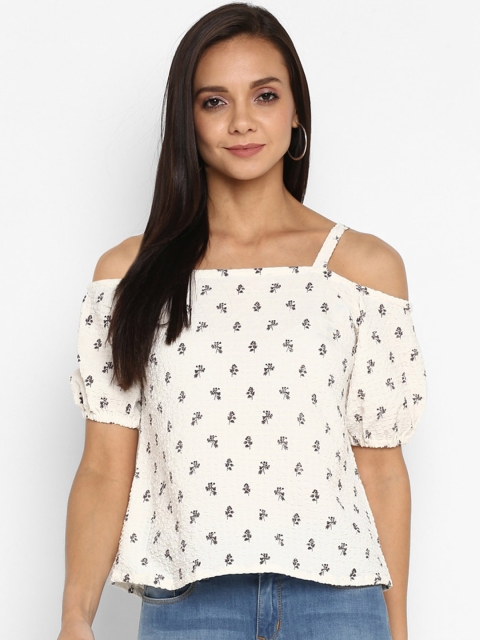 

Fbella White Floral Printed Cold-Shoulder Sleeves Regular Top