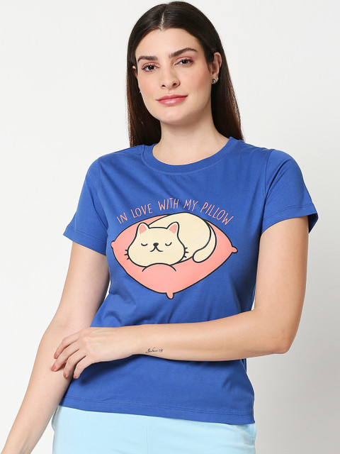 

Bewakoof Women Blue & Cream-Coloured Printed Round Neck Lounge T-shirt