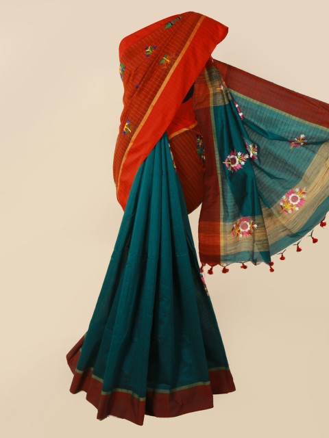 

Pothys Red & Green Cotton Blend Embroidered Saree