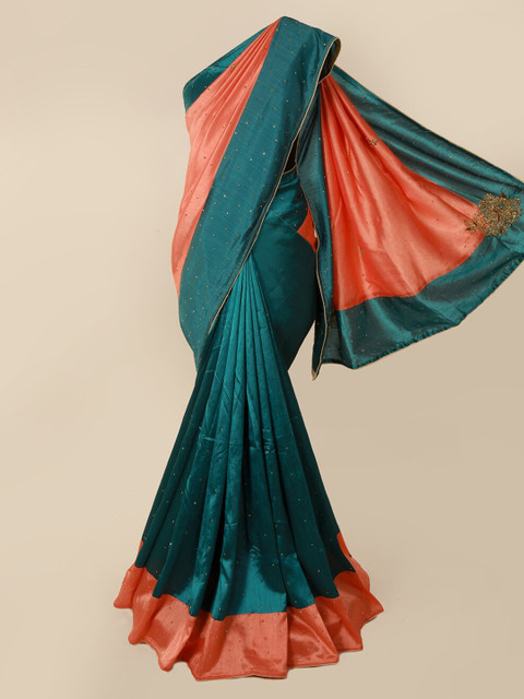 

Pothys Peach-Coloured & Green Art Silk Solid Saree