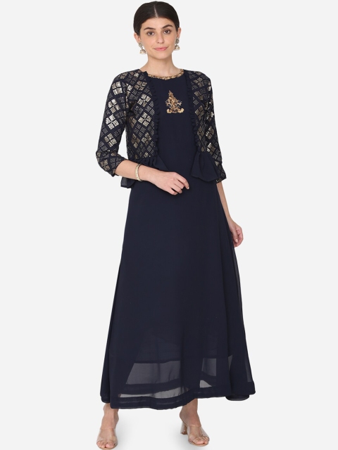 

BOMBAY SELECTIONS Women Navy Blue & Gold-Toned Yoke Design Kurta with Trousers