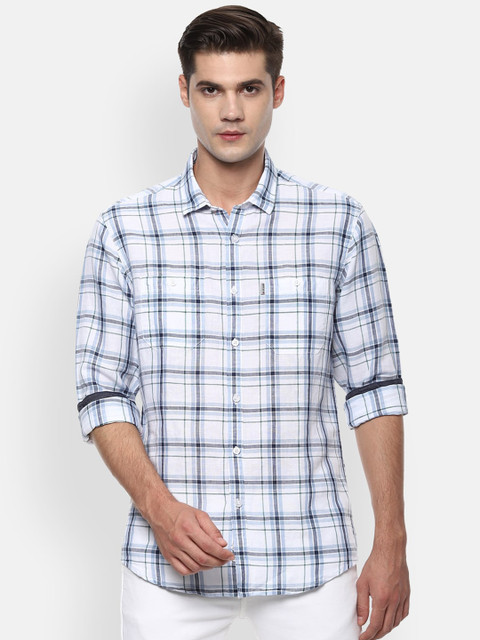 

Louis Philippe Jeans Men White & Blue Linen Blend Slim Fit Checked Casual Shirt