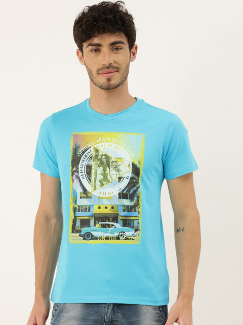 

QUANCIOUS Men Turquoise Blue Printed Round Neck T-shirt