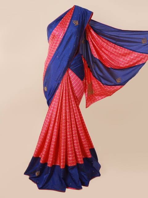 

Pothys Pink & Navy Blue Art Silk Checked Saree