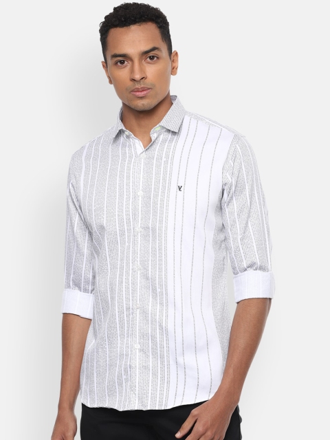 

V Dot Men White & Grey Slim Fit Striped Smart Casual Shirt