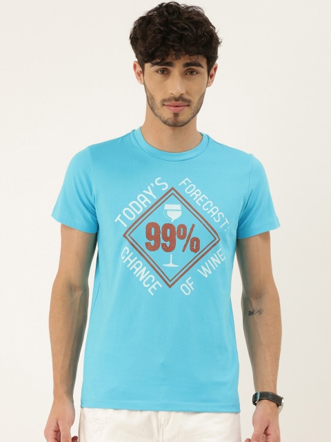 

QUANCIOUS Men Turquoise Blue Printed Organic Cotton Round Neck Sustainable T-shirt