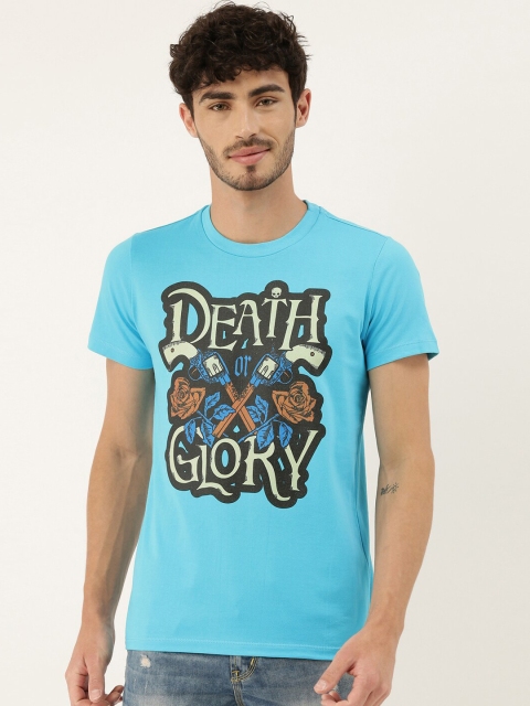 

QUANCIOUS Men Turquoise Blue Printed Round Neck Cotton T-shirt