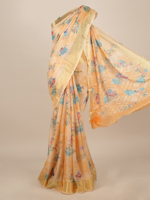 

Pothys Peach-Coloured & Blue Poly Chiffon Floral Printed Saree