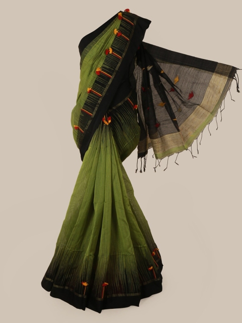 

Pothys Green & Black Cotton Blend Solid Saree