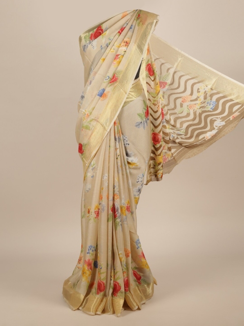 

Pothys Cream-Coloured & Orange Poly Chiffon Printed Saree