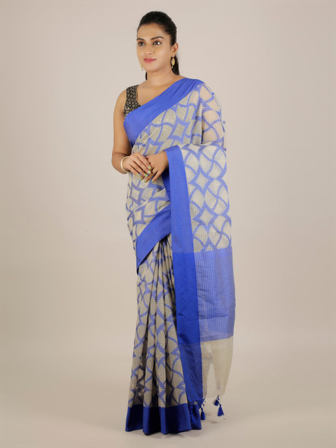 

Pothys Blue Printed Cotton Blend Manipuri Saree