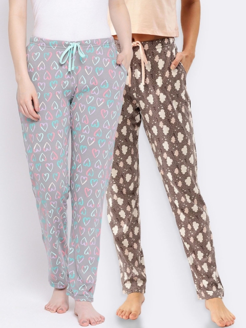 

Kanvin Women Pack of 2 Printed Pure Cotton Lounge Pants, Brown
