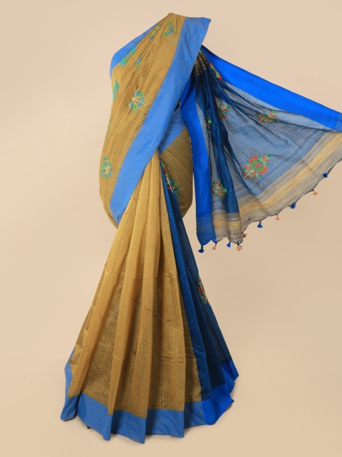 

Pothys Tan Brown & Blue Cotton Blend Embroidered Saree