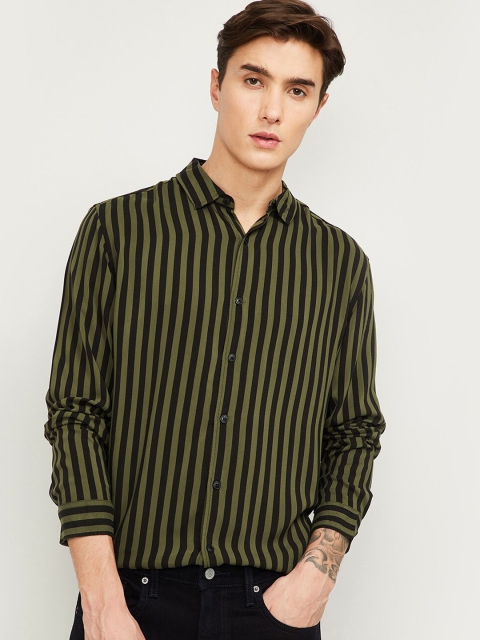 

Forca by Lifestyle Men Olive Green Slim Fit Striped Casual Shirt