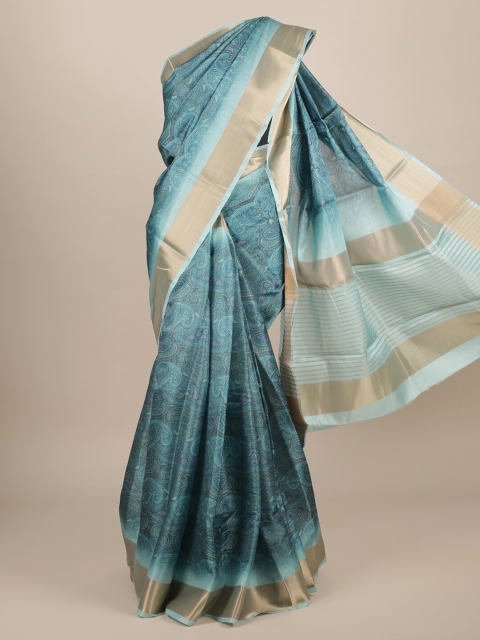 Pothys Blue Printed Jute Silk Saree