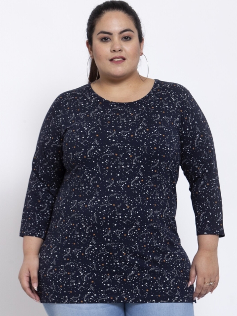 

plusS Women Plus Size Navy Blue & White Star Printed Round Neck Cotton T-shirt