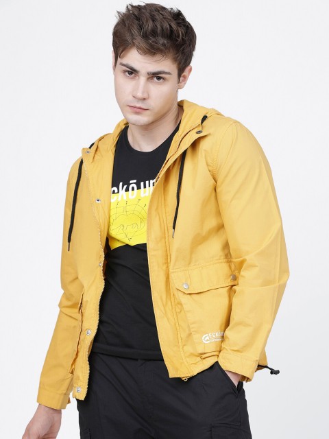 

Ecko Unltd Men Mustard Yellow Solid Cotton Hooded Tailored Jacket