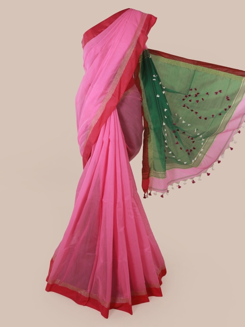 

Pothys Pink & Green Cotton Blend Solid Saree