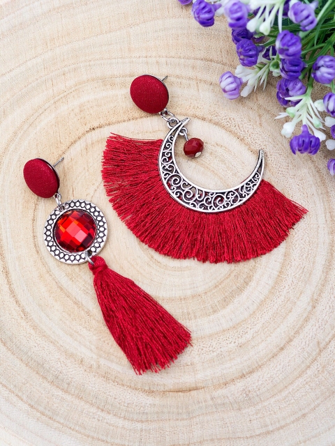 

Golden Peacock Maroon & Silver-Toned Tasselled Stone-Studded Mismatch Drop Earrings