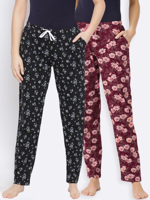 

Kanvin Women Pack of 2 Floral Print Pure Cotton Lounge Pants, Maroon