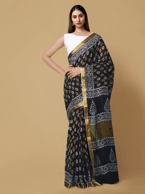 

Unnati Silks Black Pure Cotton Printed Block Print Saree