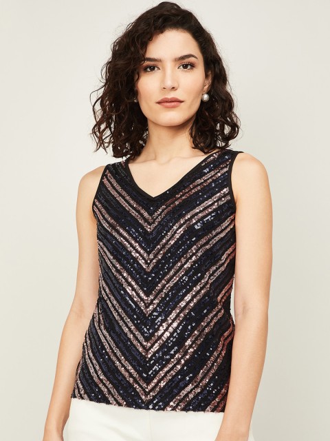 

CODE by Lifestyle Black & Golden Sequin Striped Regular Top