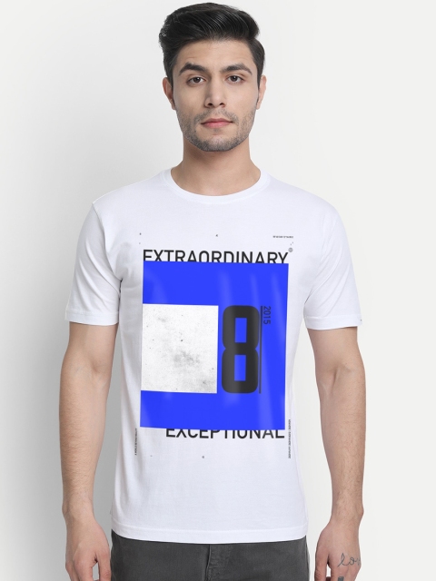 

THREADCURRY Men White & Blue Printed Round Neck T-shirt