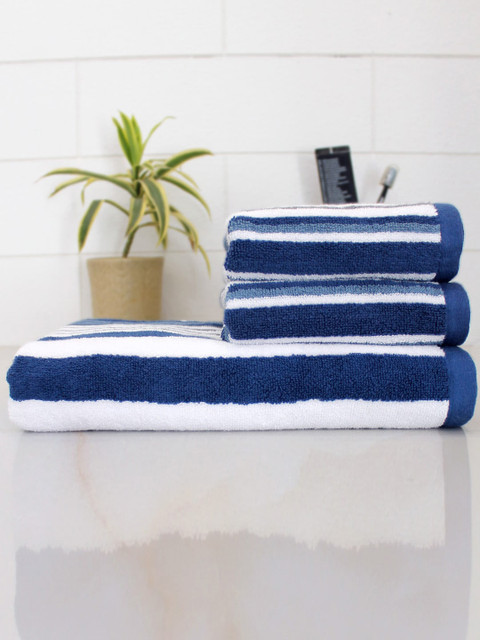 

AVI Living Unisex Set Of 3 Navy Blue & White Striped 550 GSM Towels