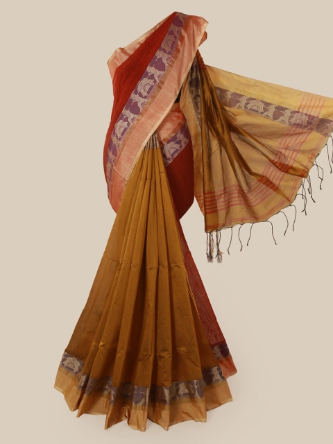 

Pothys Red & Mustard Yellow Cotton Blend Solid Saree