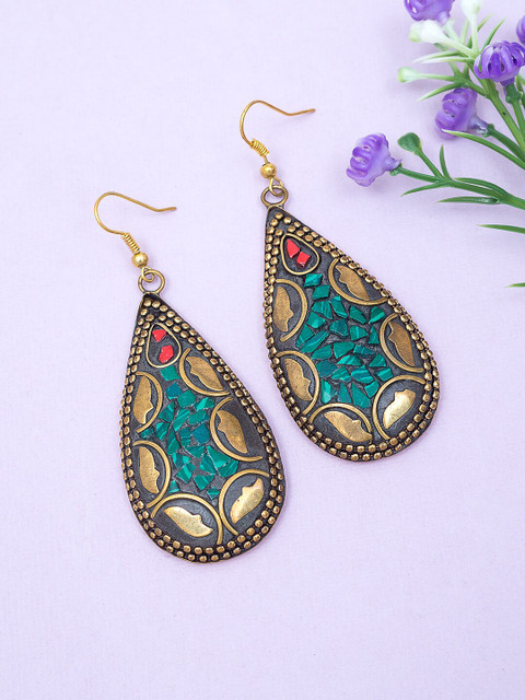 

Golden Peacock Multicoloured & Green Teardrop Shaped Drop Earrings, Multi