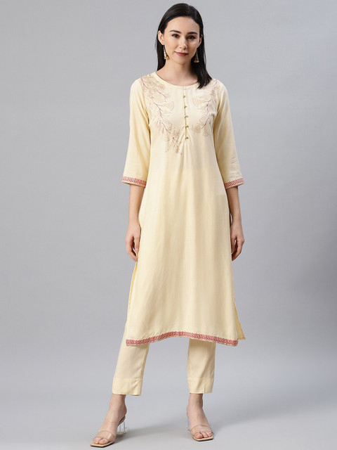 

ZIYAA Women Cream-Coloured & Golden Ethnic Motifs Foil Printed Cotton Kurta