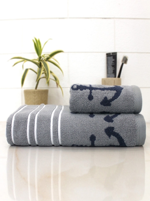 

AVI living Set of 2 Navy & Grey Anchor Printed Reversible Bath Towel, Navy blue