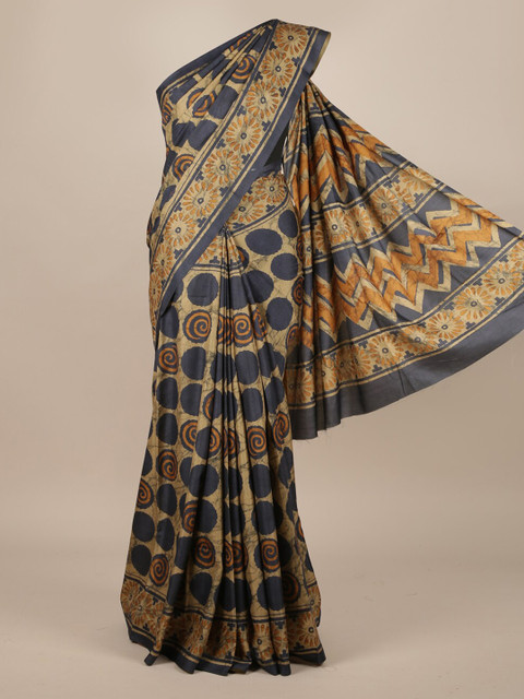 

Pothys Cream-Coloured & Blue Jute Silk Printed Saree