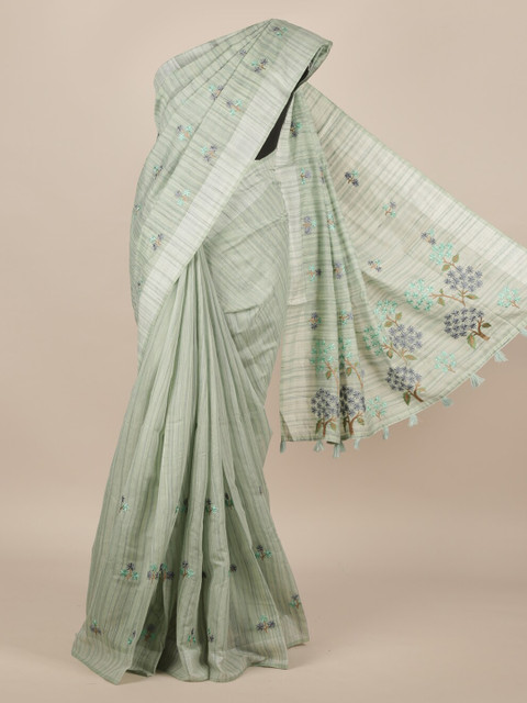 

Pothys Green & Blue Pure Silk Floral Embroidered Tussar Saree