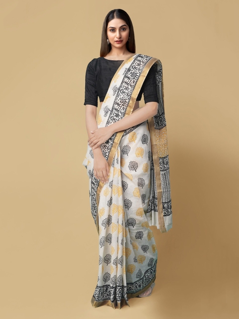 

Unnati Silks White & Black Pure Cotton Printed Block Print Saree