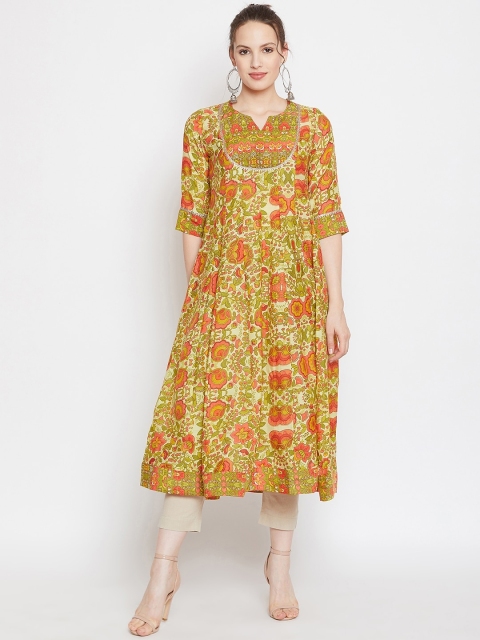 

One of a Kind Women Lime Green & Orange Ethnic Motifs Printed Anarkali Kurta