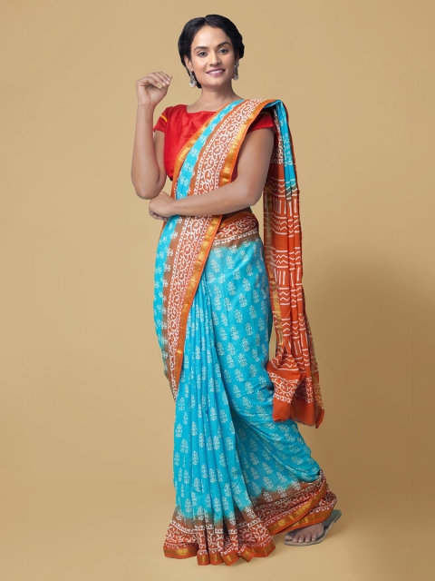 

Unnati Silks Blue & Orange Pure Cotton Printed Block Print Saree