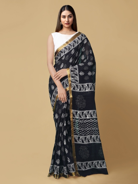 

Unnati Silks Black Pure Cotton Printed Block Print Sustainable Saree