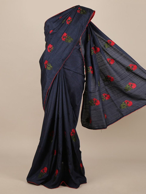 

Pothys Navy Blue Pure Silk Embroidered Tussar Saree