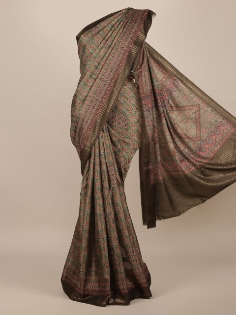 

Pothys Olive Green & Brown Jute Silk Printed Saree