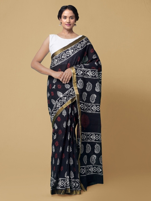 

Unnati Silks Women Black Pure Hand Block Printed Mulmul Cotton Sustainable Saree