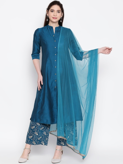 

RANGMANCH BY PANTALOONS Women Blue & White Solid Kurta with Palazzos & Dupatta