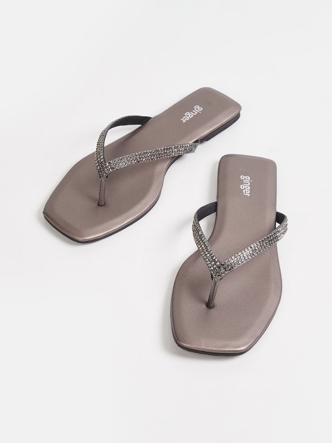 

Ginger by Lifestyle Women Grey Embellished PU T-Strap Flats