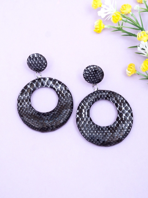 

Golden Peacock Black & Off-White Snakeskin Print Circular Drop Earrings